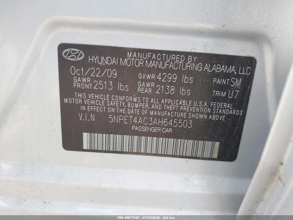 5NPET4AC3AH645503 2010 HYUNDAI SONATA photo no. 9
