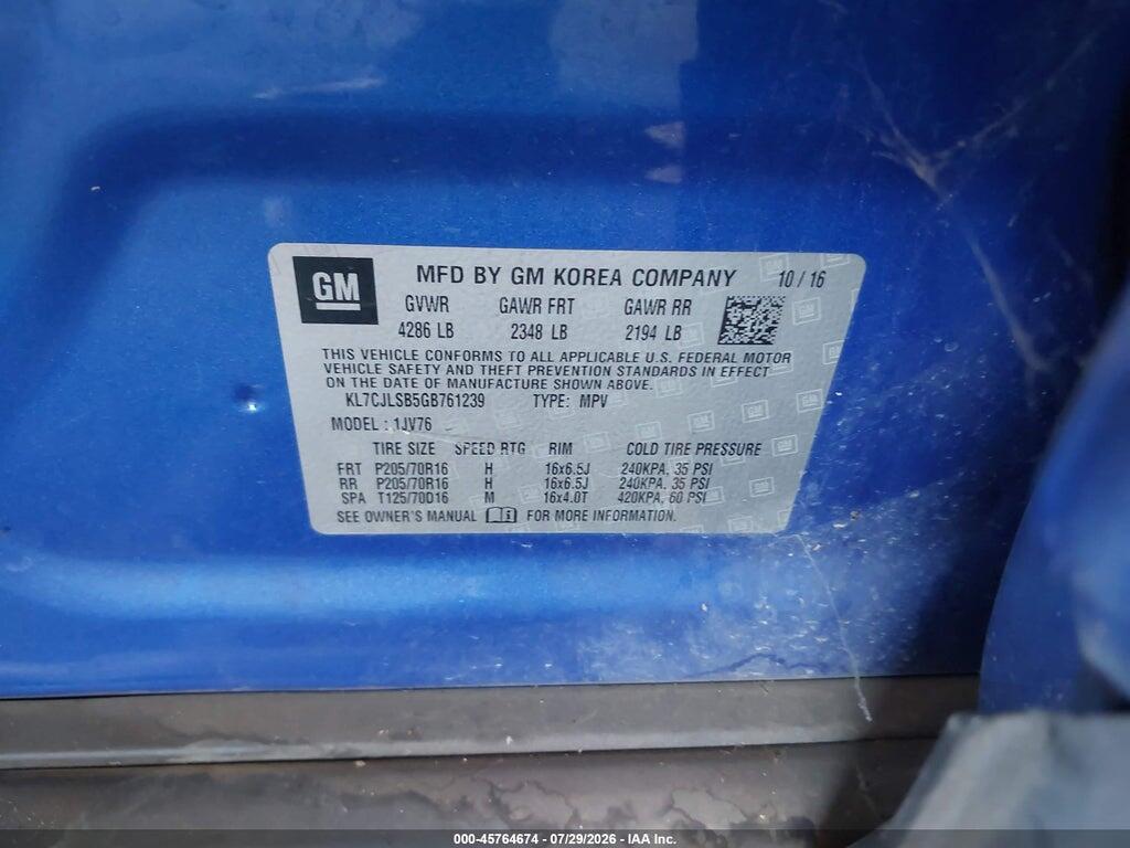 KL7CJLSB5GB761239 2016 CHEVROLET TRAX photo no. 9