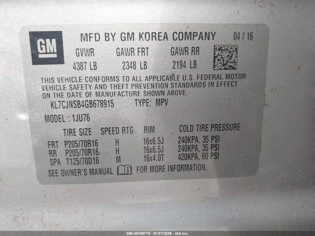 KL7CJNSB4GB678915 2016 CHEVROLET TRAX photo no. 9