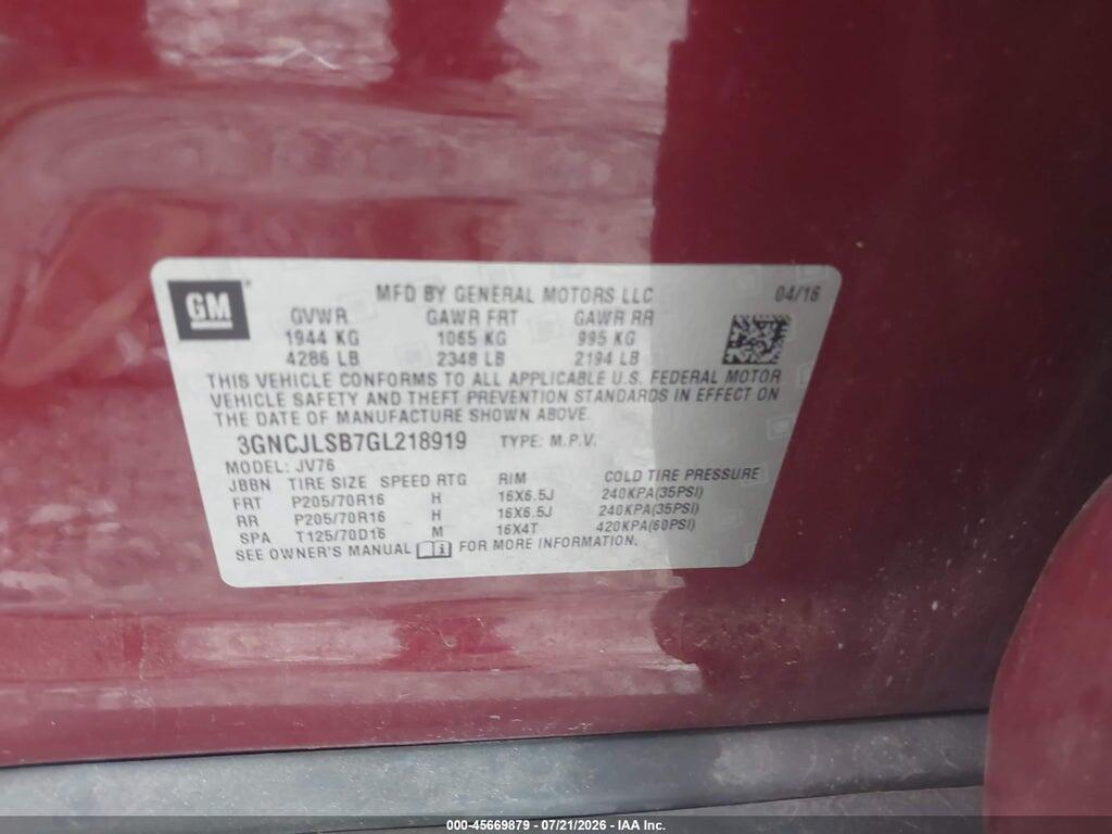 3GNCJLSB7GL218919 2016 CHEVROLET TRAX photo no. 9
