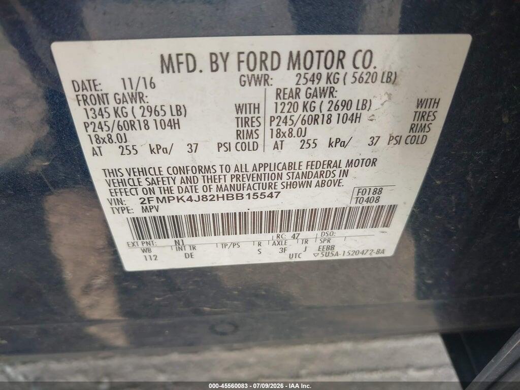 2FMPK4J82HBB15547 2017 FORD EDGE photo no. 9