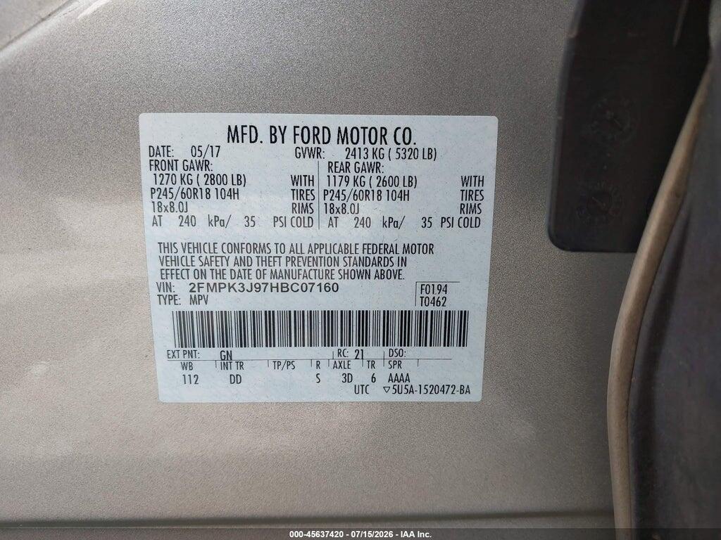 2FMPK3J97HBC07160 2017 FORD EDGE photo no. 9