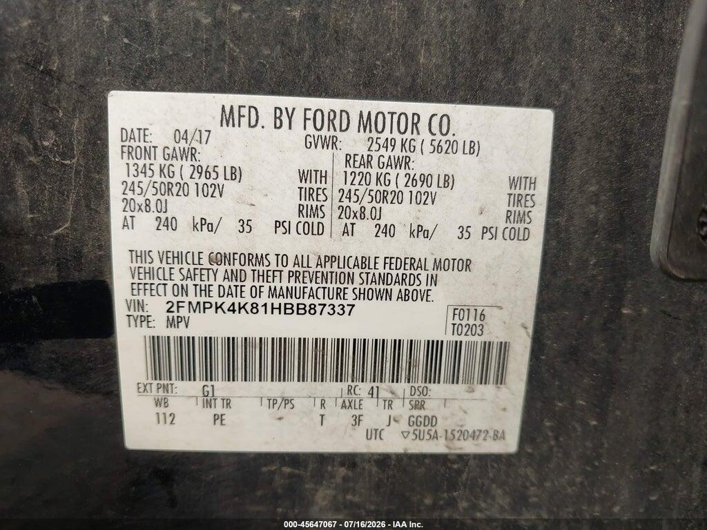 2FMPK4K81HBB87337 2017 FORD EDGE photo no. 9