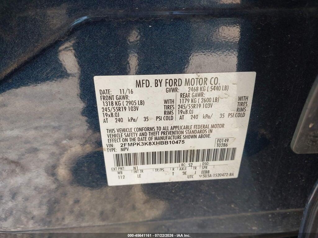 2FMPK3K8XHBB10475 2017 FORD EDGE photo no. 9