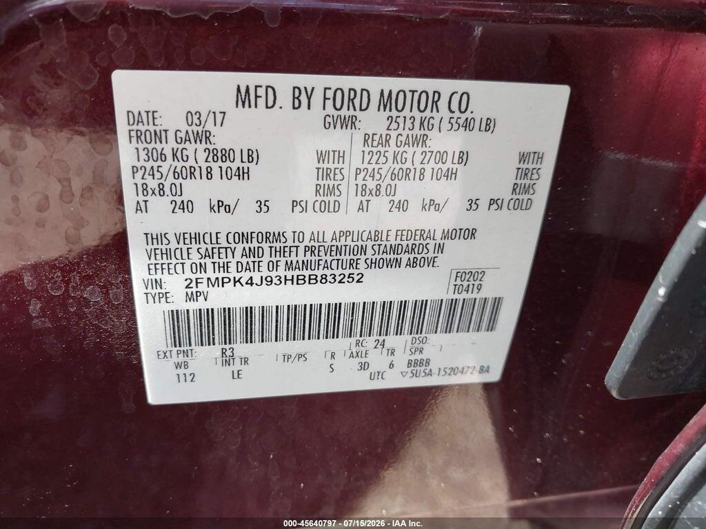 2FMPK4J93HBB83252 2017 FORD EDGE photo no. 9