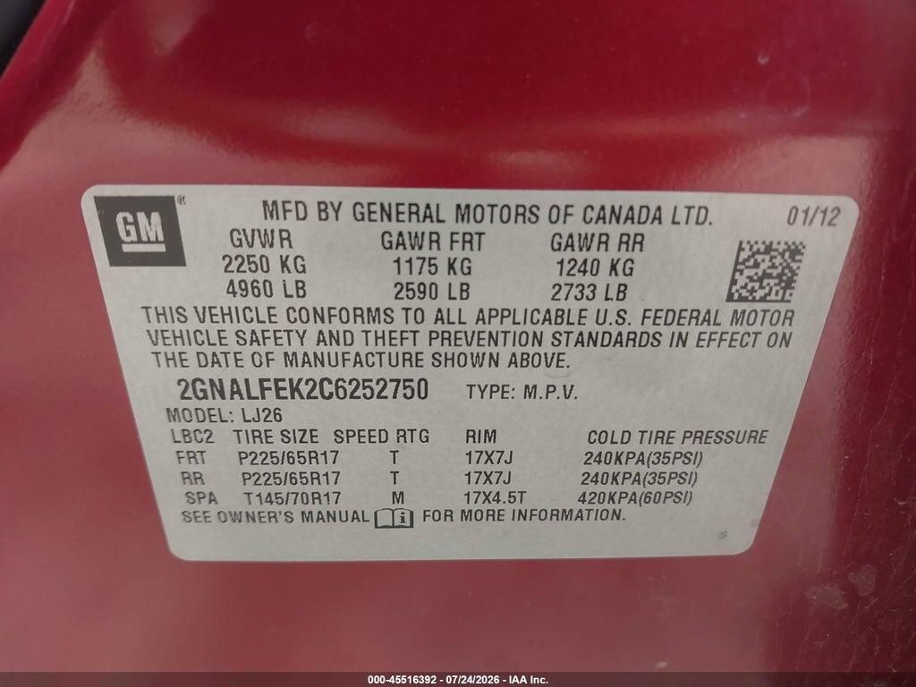 2GNALFEK2C6252750 2012 CHEVROLET EQUINOX photo no. 9