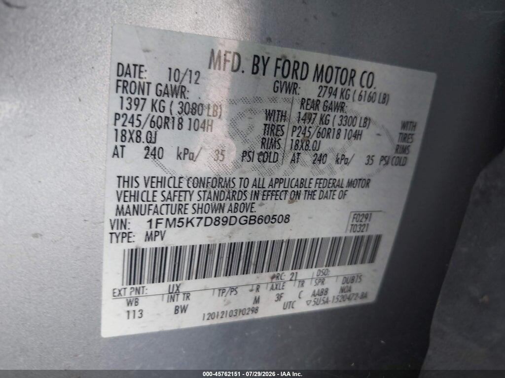 1FM5K7D89DGB60508 2013 FORD EXPLORER photo no. 9