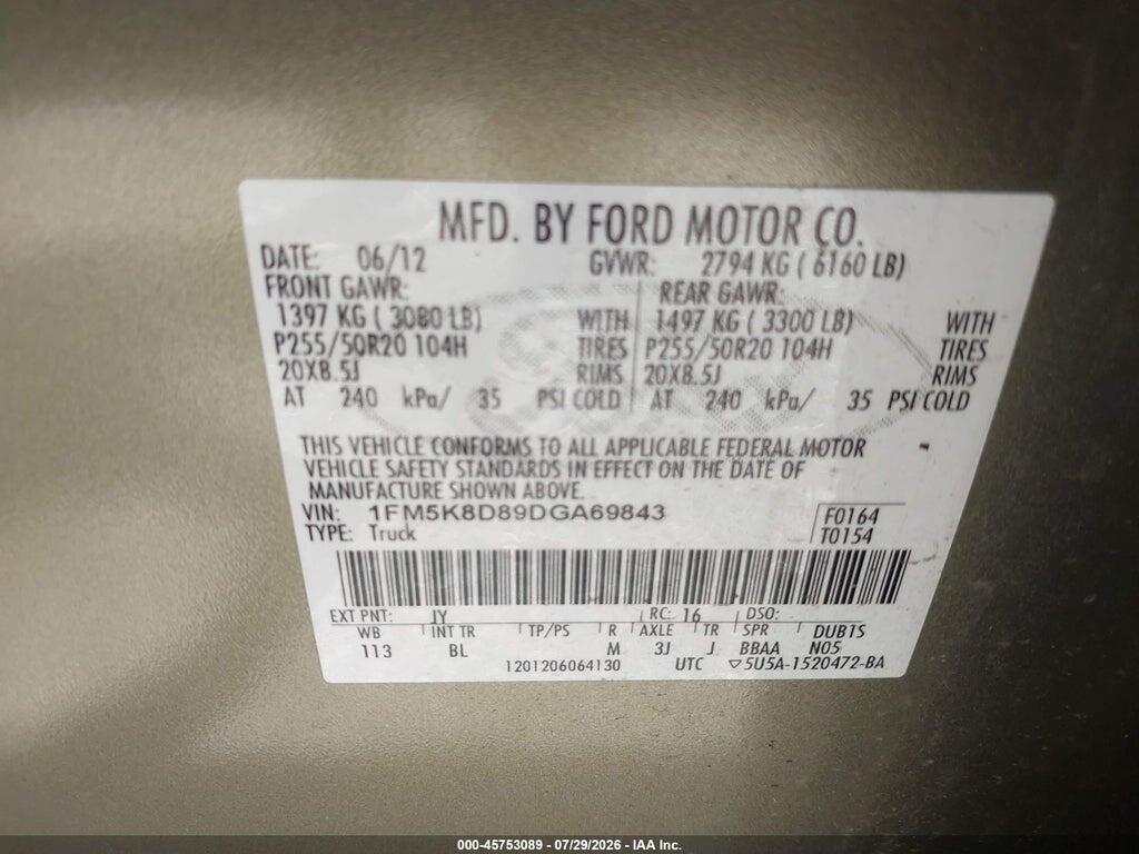 1FM5K8D89DGA69843 2013 FORD EXPLORER photo no. 9