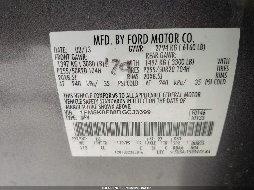 1FM5K8F88DGC33399 2013 FORD EXPLORER photo no. 9