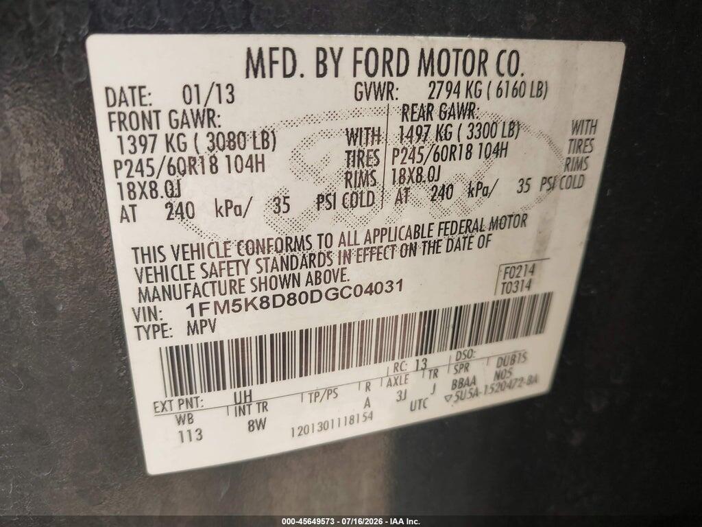 1FM5K8D80DGC04031 2013 FORD EXPLORER photo no. 9