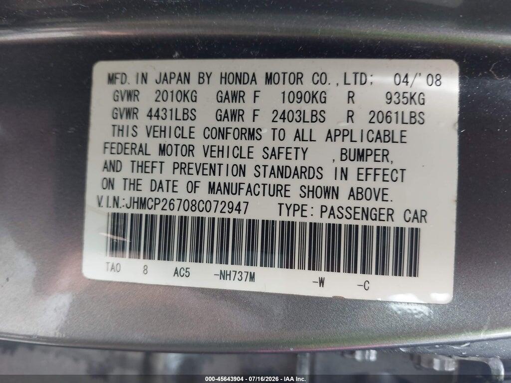 JHMCP26708C072947 2008 HONDA ACCORD photo no. 9
