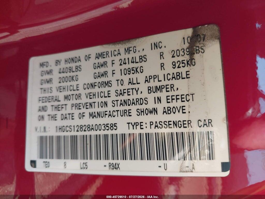 1HGCS12828A003585 2008 HONDA ACCORD photo no. 9
