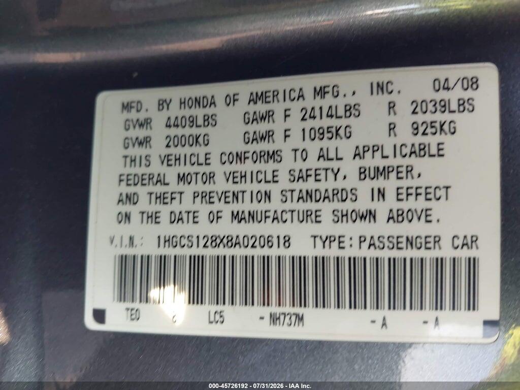 1HGCS128X8A020618 2008 HONDA ACCORD photo no. 9