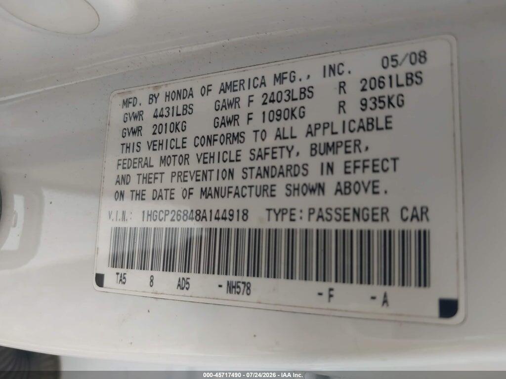 1HGCP26848A144918 2008 HONDA ACCORD photo no. 9