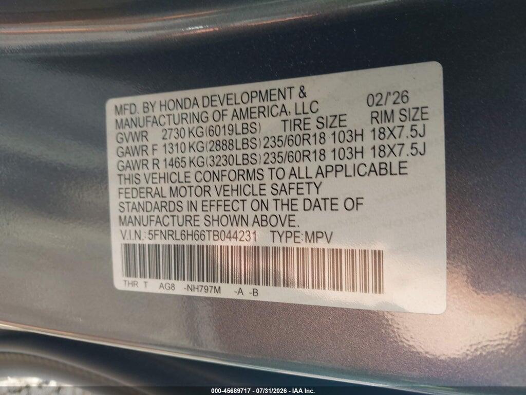 5FNRL6H66TB044231 2026 HONDA ODYSSEY photo no. 9