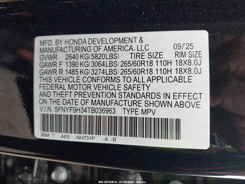 5FNYF9H34TB036963 2026 HONDA PASSPORT photo no. 9