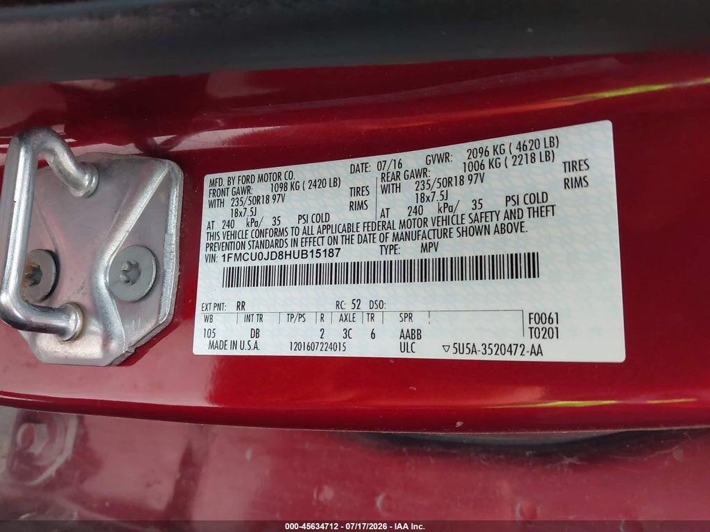 1FMCU0JD8HUB15187 2017 FORD ESCAPE photo no. 9