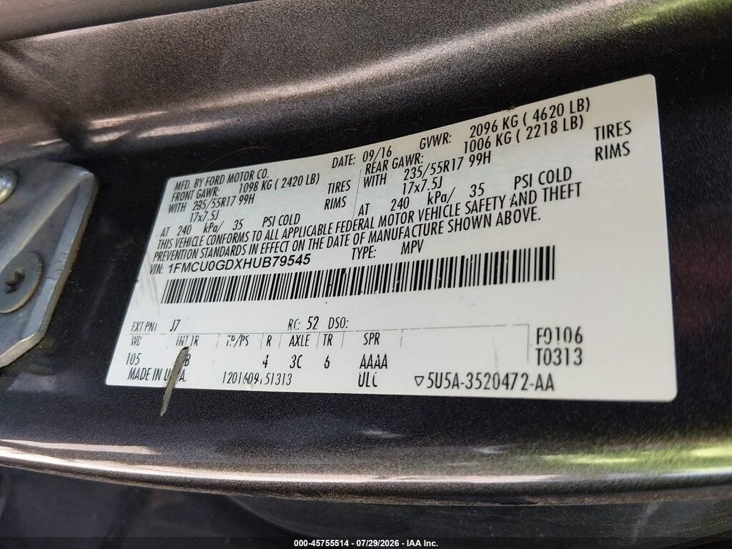 1FMCU0GDXHUB79545 2017 FORD ESCAPE photo no. 9