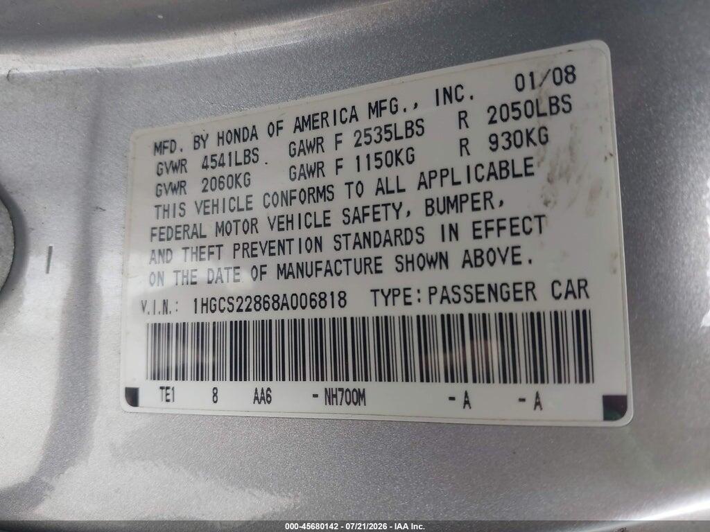 1HGCS22868A006818 2008 HONDA ACCORD photo no. 9