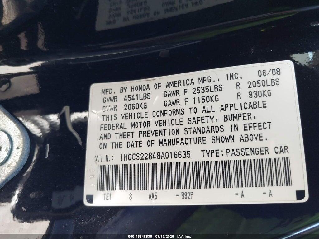 1HGCS22848A016635 2008 HONDA ACCORD photo no. 9