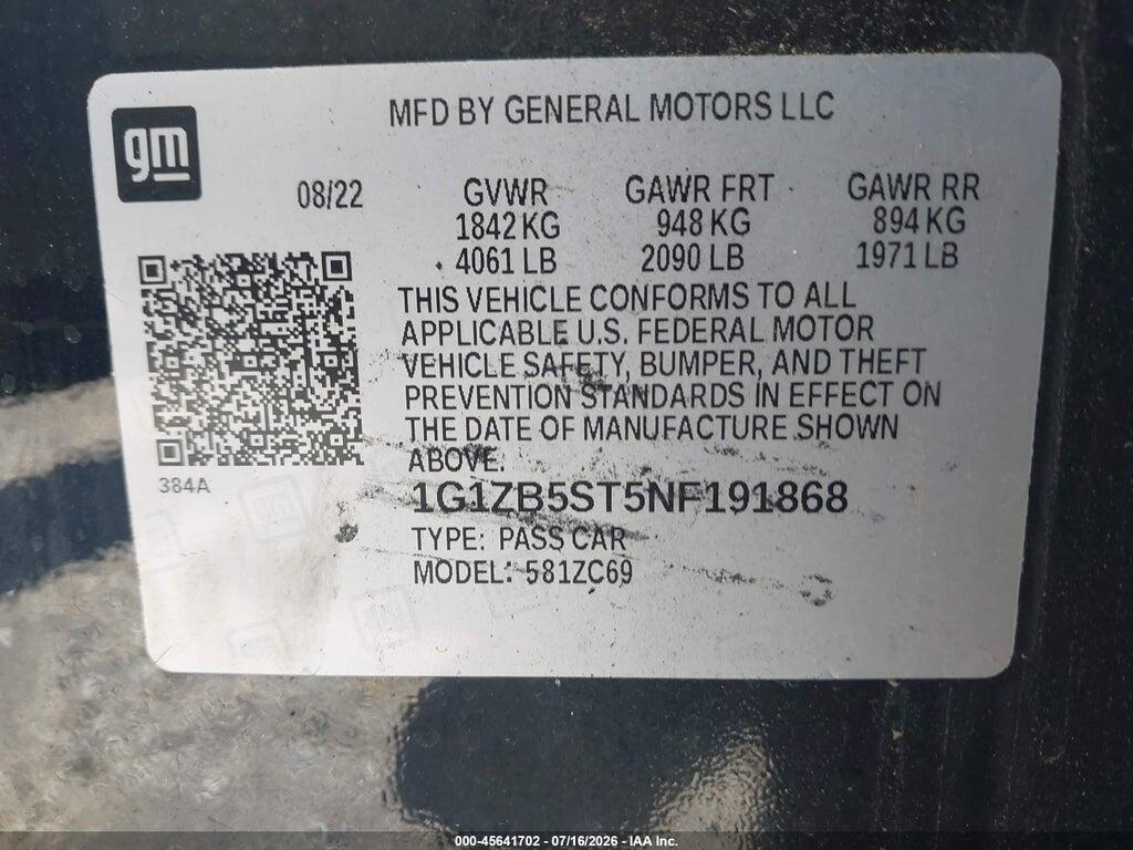 1G1ZB5ST5NF191868 2022 CHEVROLET MALIBU photo no. 9