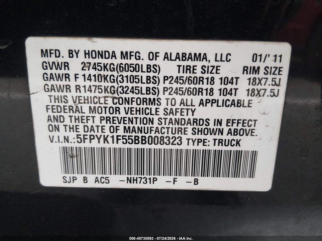 5FPYK1F55BB008323 2011 HONDA RIDGELINE photo no. 9