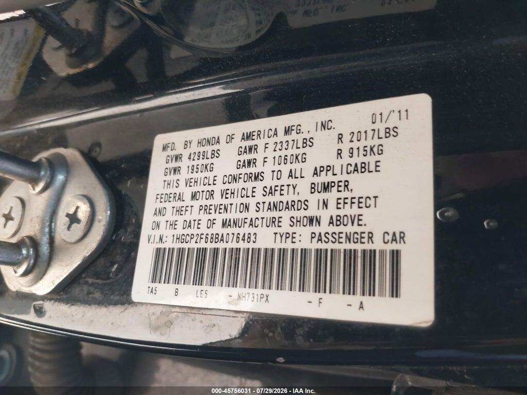 1HGCP2F68BA076483 2011 HONDA ACCORD photo no. 9