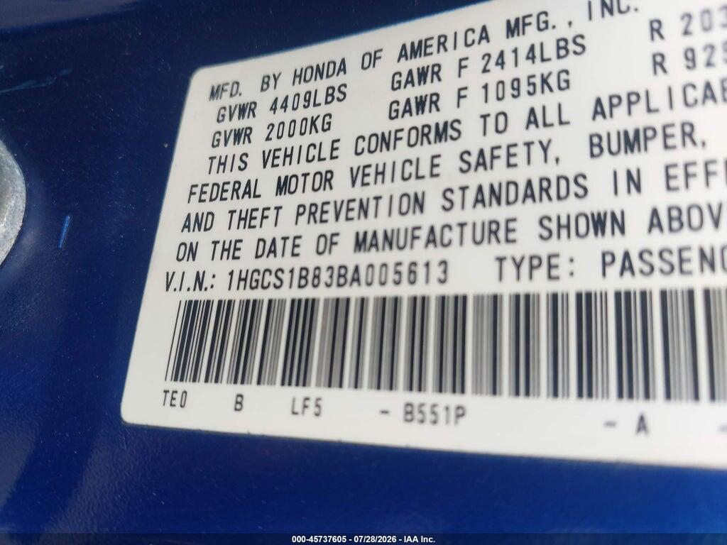 1HGCS1B83BA005613 2011 HONDA ACCORD photo no. 9