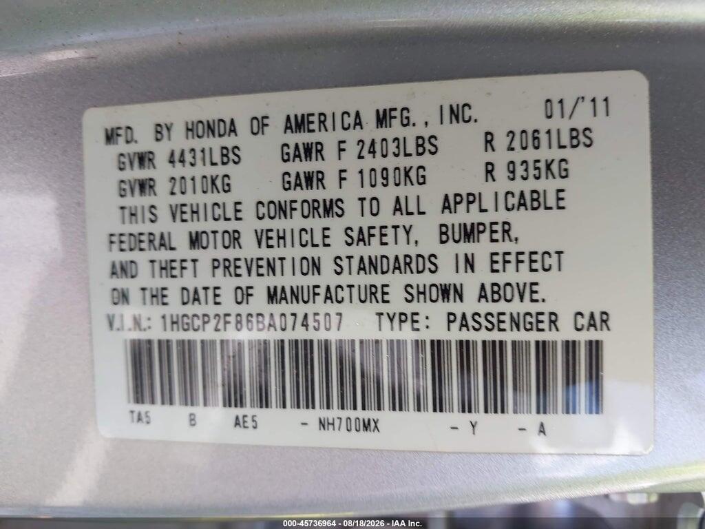 1HGCP2F86BA074507 2011 HONDA ACCORD photo no. 9