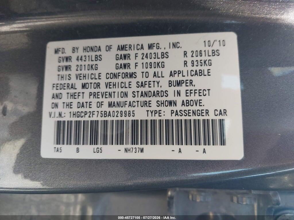 1HGCP2F75BA029985 2011 HONDA ACCORD photo no. 9