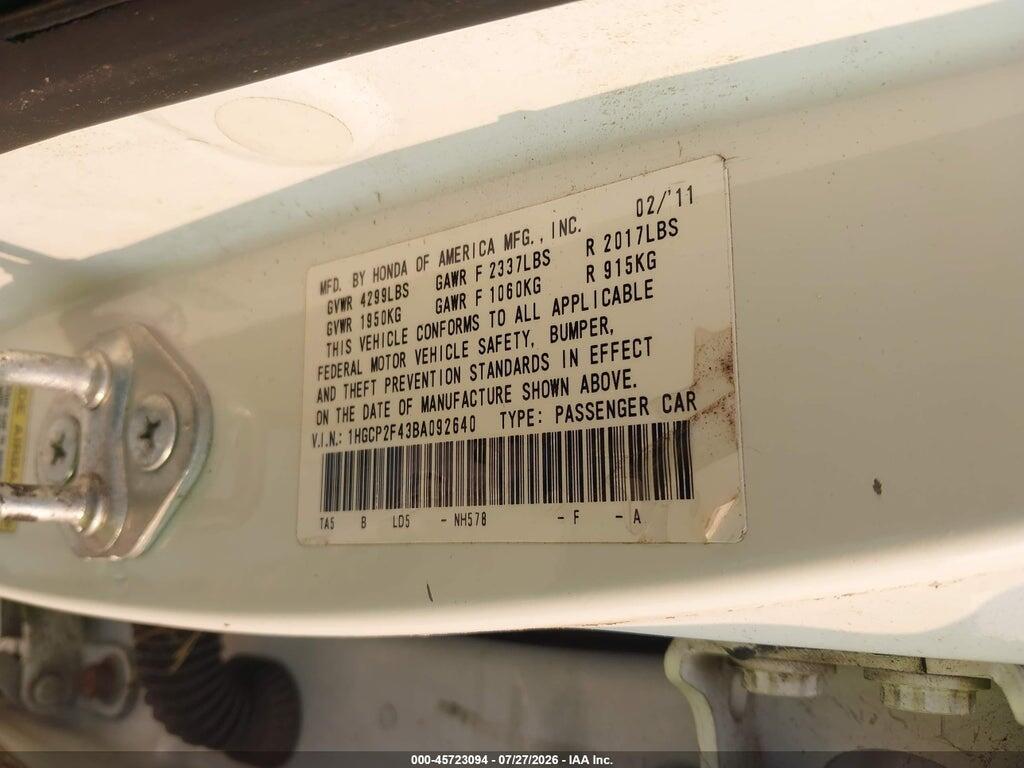 1HGCP2F43BA092640 2011 HONDA ACCORD photo no. 9