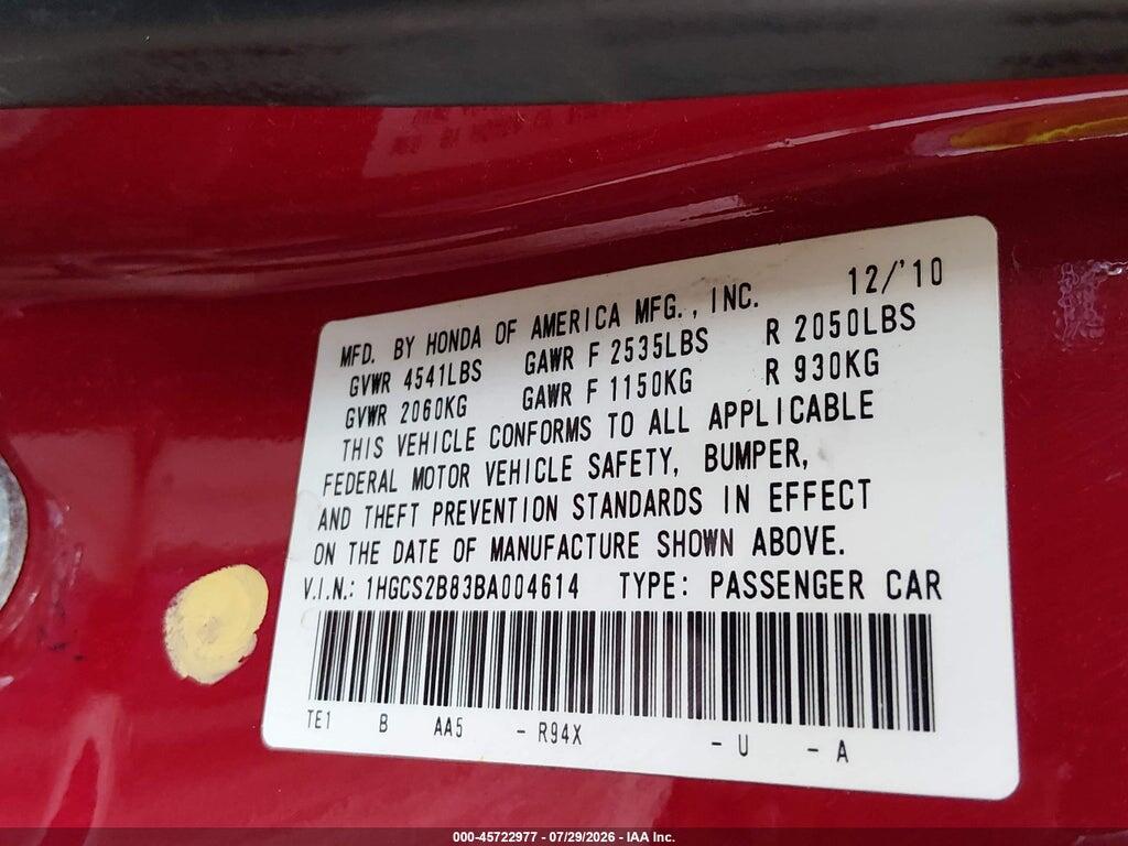 1HGCS2B83BA004614 2011 HONDA ACCORD photo no. 9