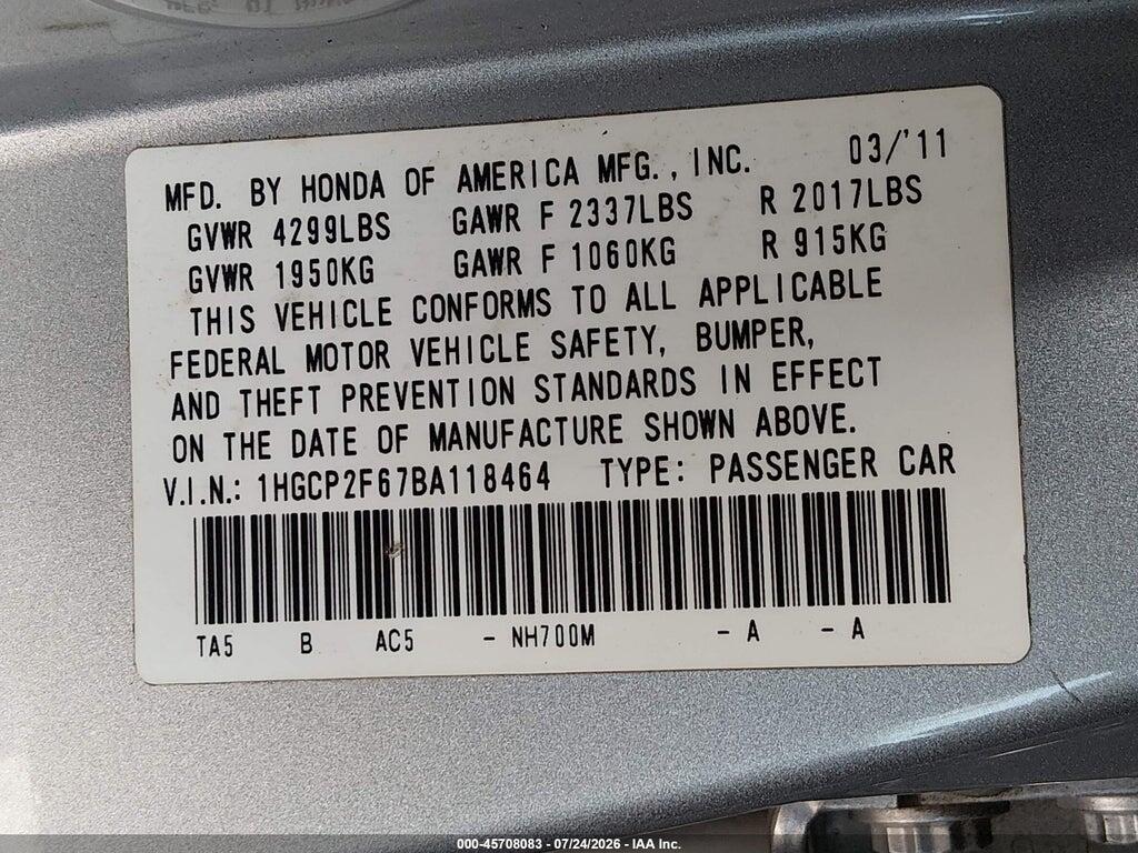 1HGCP2F67BA118464 2011 HONDA ACCORD photo no. 9