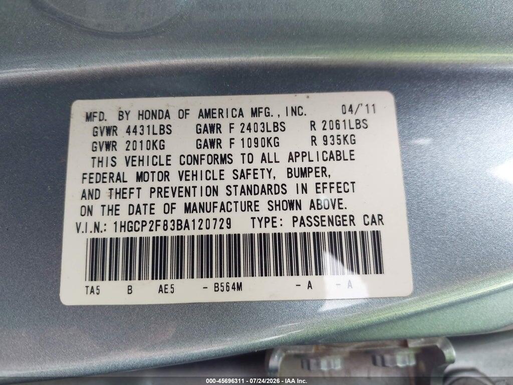 1HGCP2F83BA120729 2011 HONDA ACCORD photo no. 9