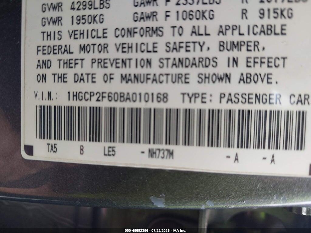 1HGCP2F60BA010168 2011 HONDA ACCORD photo no. 9