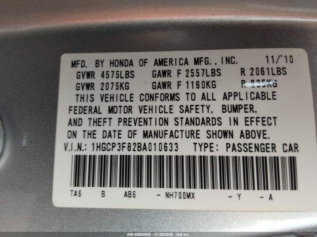 1HGCP3F82BA010633 2011 HONDA ACCORD photo no. 9