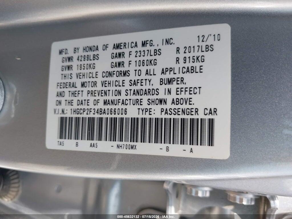 1HGCP2F34BA066006 2011 HONDA ACCORD photo no. 9