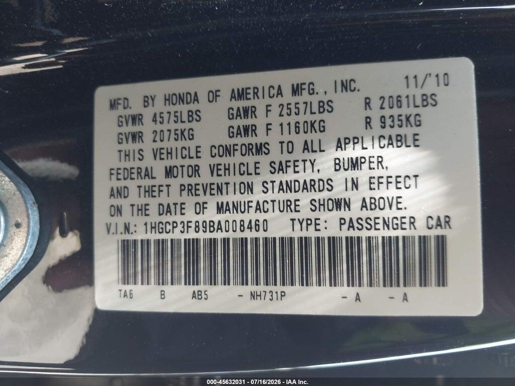 1HGCP3F89BA008460 2011 HONDA ACCORD photo no. 9