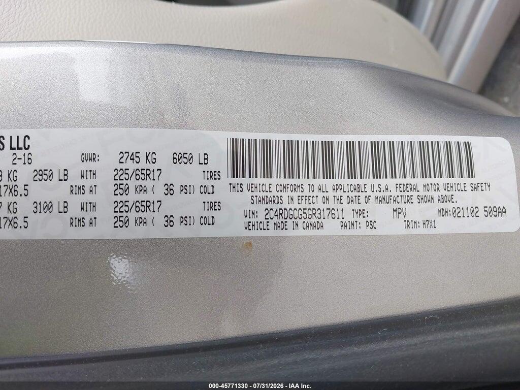 2C4RDGCG5GR317611 2016 DODGE GRAND CARAVAN photo no. 9
