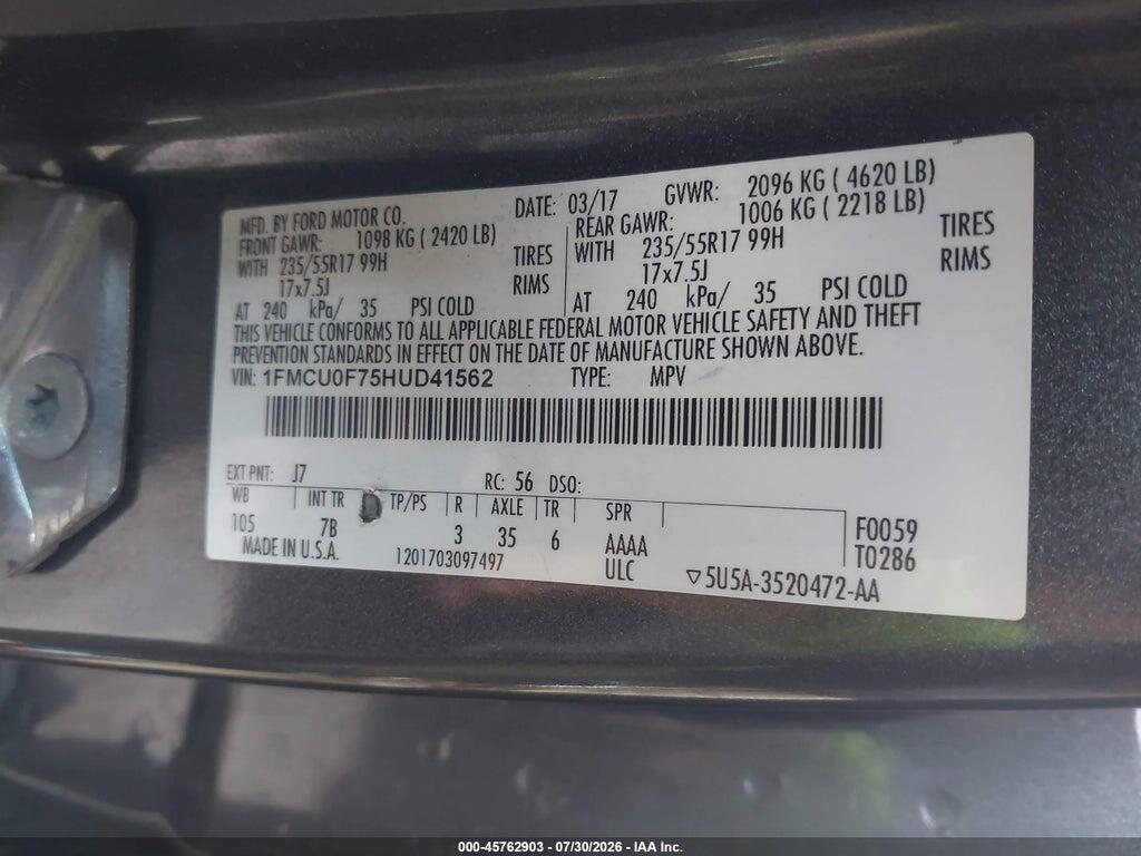 1FMCU0F75HUD41562 2017 FORD ESCAPE photo no. 9