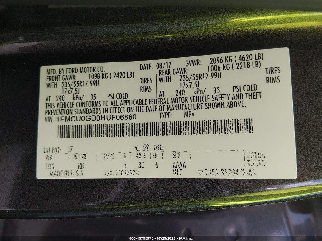 1FMCU0GD0HUF06860 2017 FORD ESCAPE photo no. 9