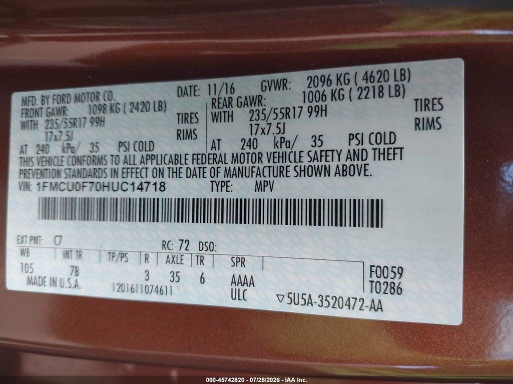 1FMCU0F70HUC14718 2017 FORD ESCAPE photo no. 9
