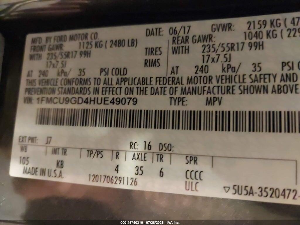 1FMCU9GD4HUE49079 2017 FORD ESCAPE photo no. 9