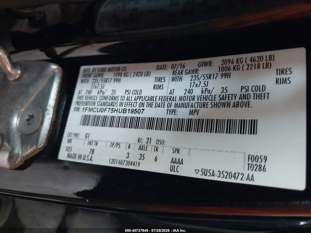 1FMCU0F75HUB19507 2017 FORD ESCAPE photo no. 9