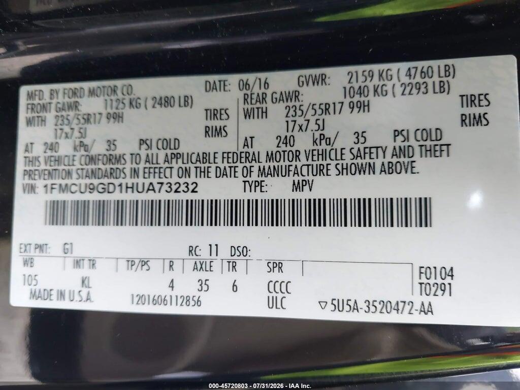 1FMCU9GD1HUA73232 2017 FORD ESCAPE photo no. 9