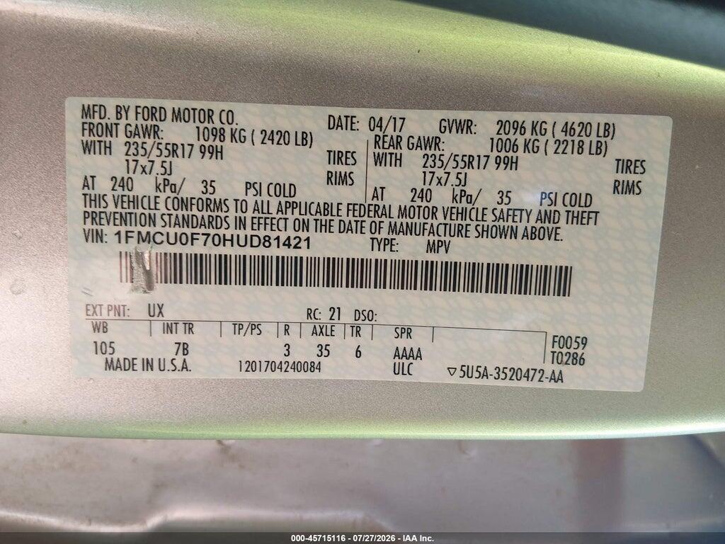 1FMCU0F70HUD81421 2017 FORD ESCAPE photo no. 9