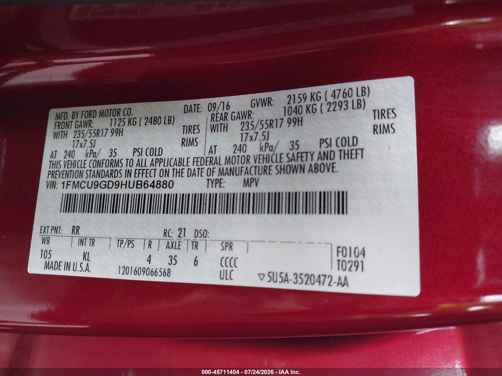 1FMCU9GD9HUB64880 2017 FORD ESCAPE photo no. 9
