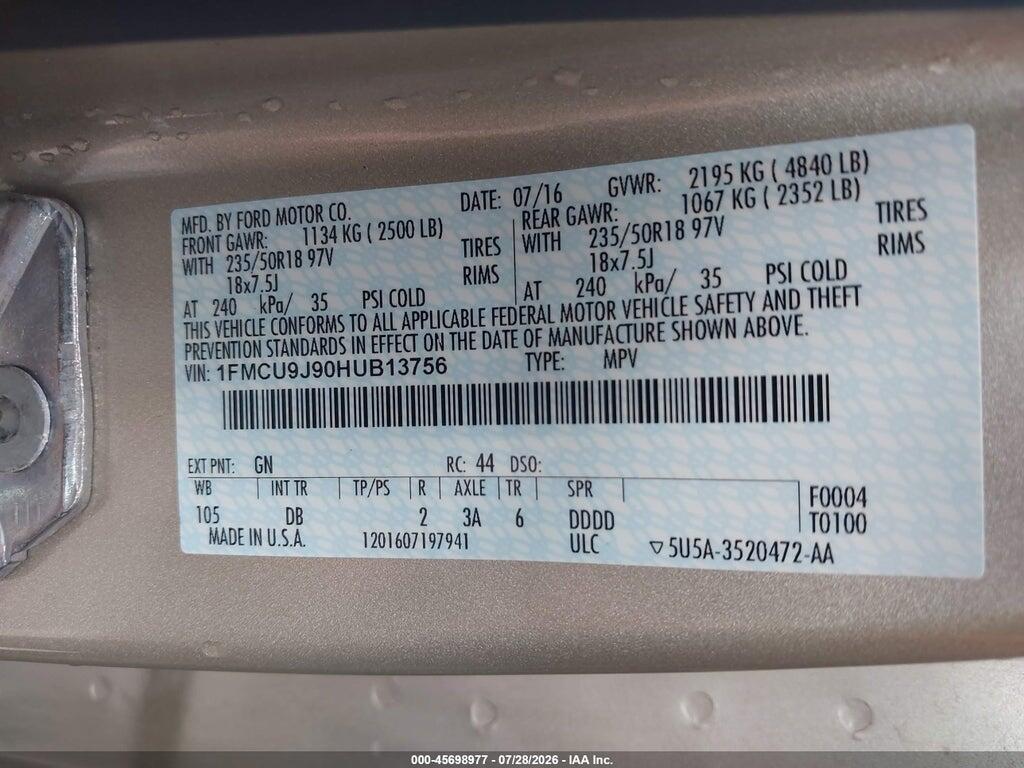 1FMCU9J90HUB13756 2017 FORD ESCAPE photo no. 9