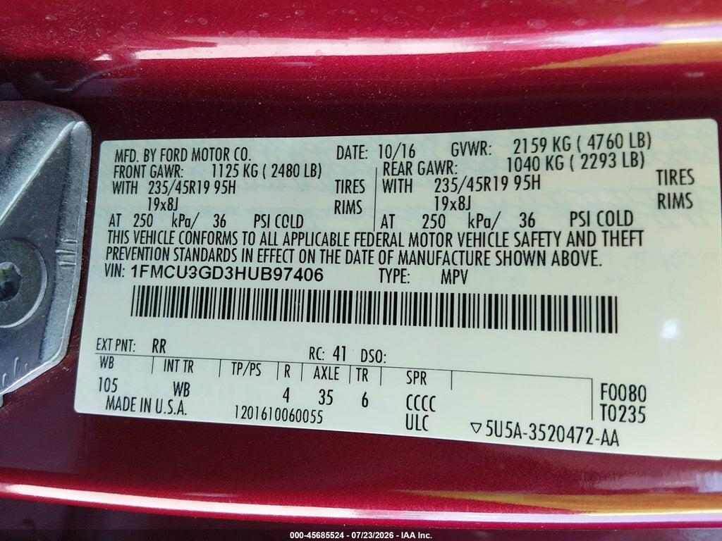 1FMCU9GD3HUB97406 2017 FORD ESCAPE photo no. 9
