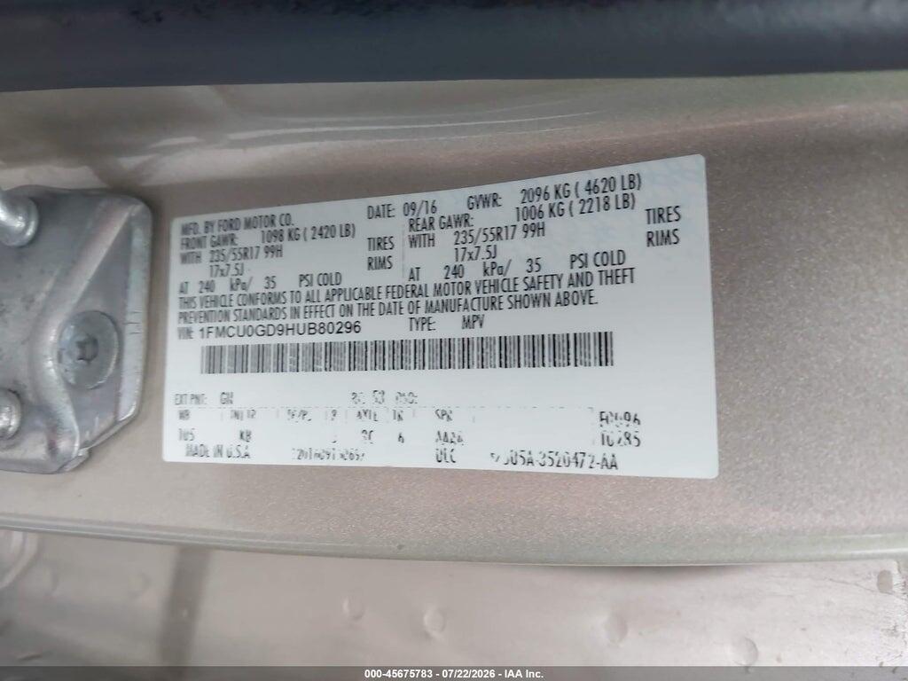 1FMCU0GD9HUB80296 2017 FORD ESCAPE photo no. 9